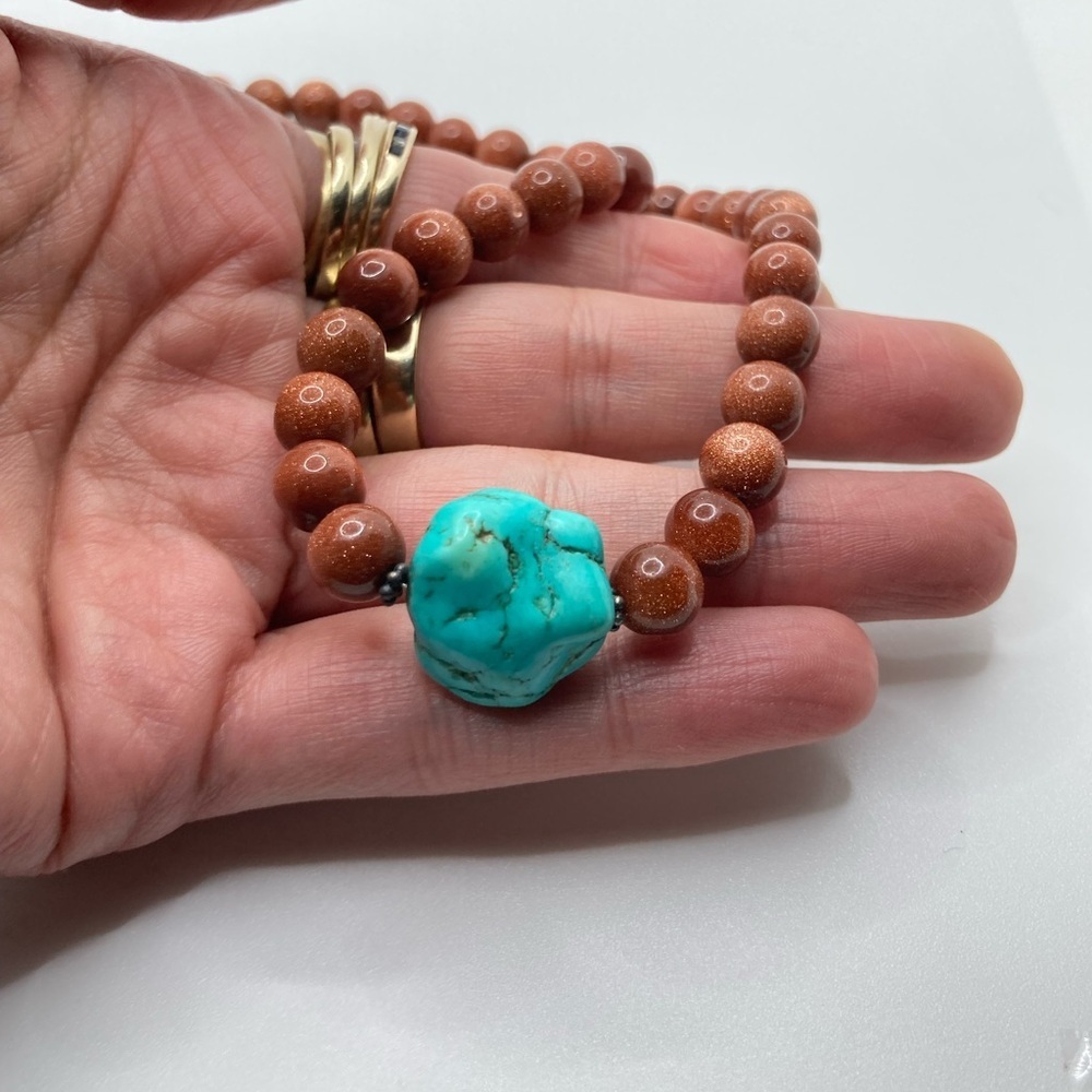 Vtg Sterling Turquoise Chunk & Round Goldstone Bead Necklace 16” - Picture 5 of 7